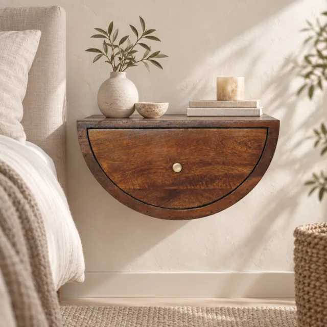 Forma Crescent Floating Bedside — Chestnut — styled interior
