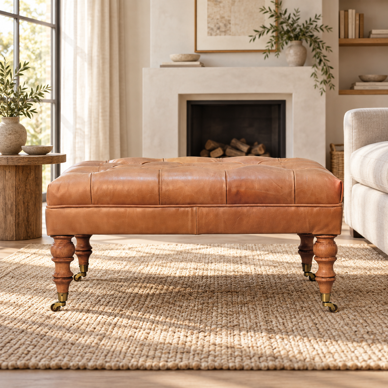 Forma Buffalo Tan Leather Ottoman with Castor Legs — Light Walnut — styled interior