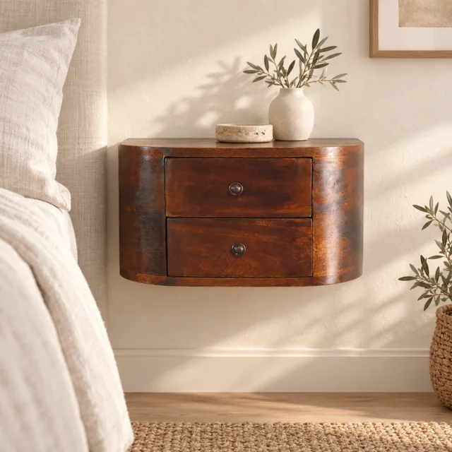 Lunar Two-Drawer Floating Bedside — Chestnut — styled interior