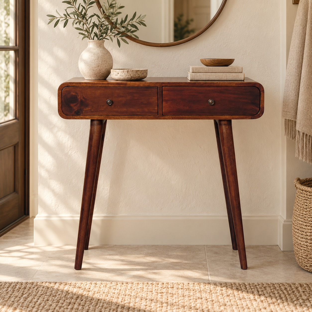 Lina Curved Hallway Table — Chestnut — styled interior