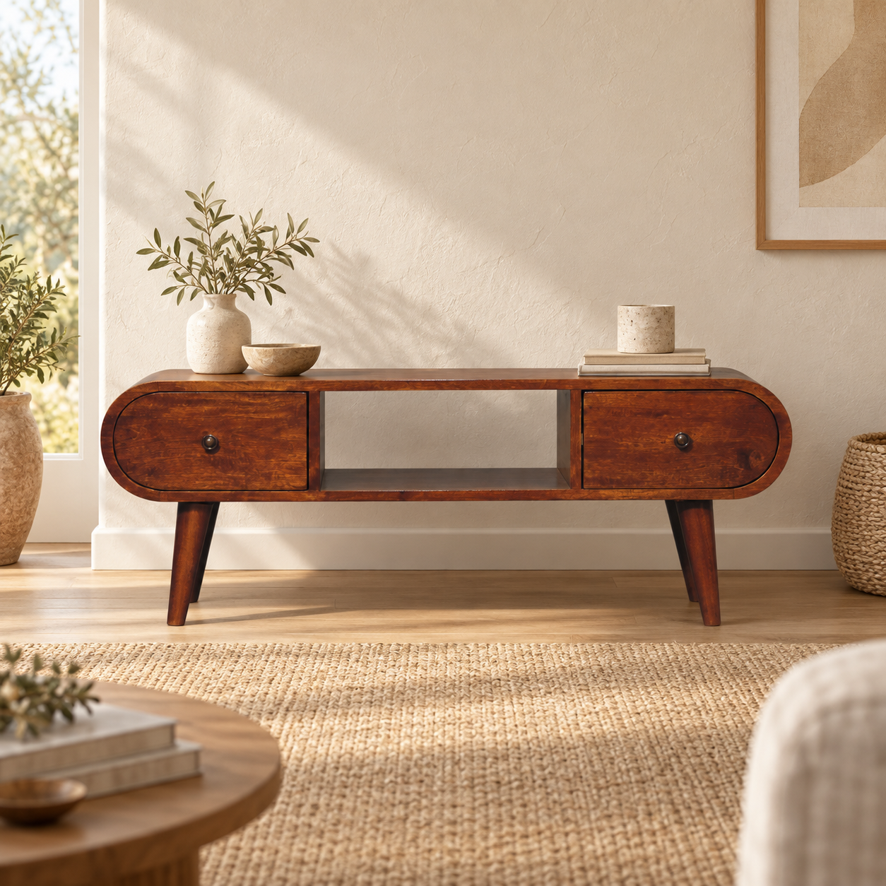 Lunden Media Unit — Chestnut in a styled interior