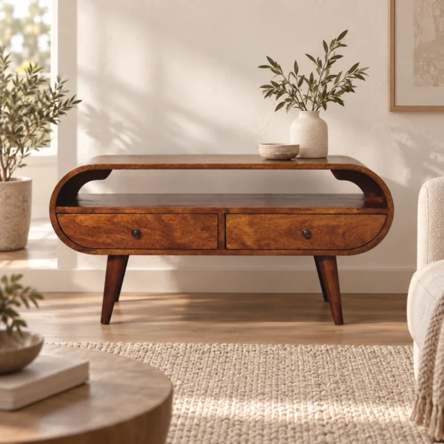Forma Circular Media Unit — Chestnut — styled interior