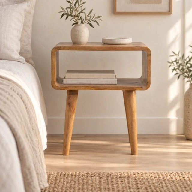 Lina Curved Open Bedside — Natural — styled interior