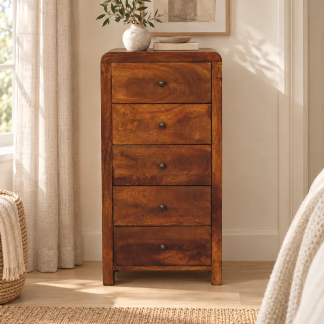 Aspen Five-Drawer Tallboy — styled interior