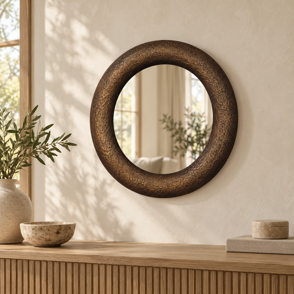 Forma Hammered Round Mirror — styled interior