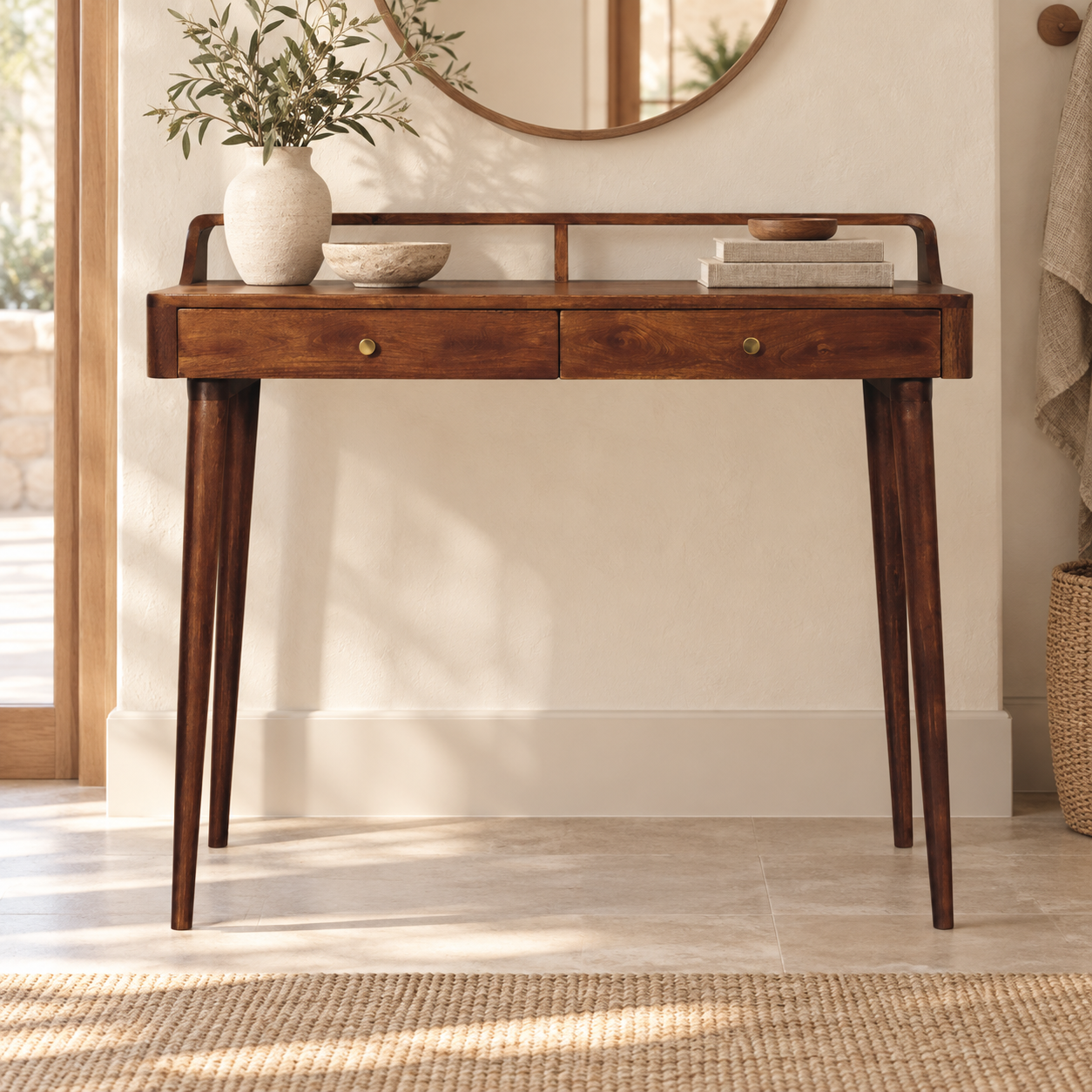 Forma Elevated Console Table — Chestnut — styled interior