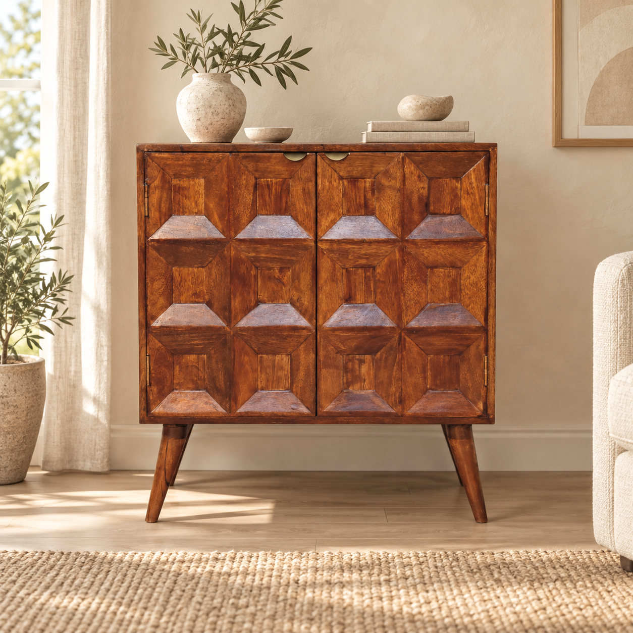 Quad Cabinet — Chestnut — styled interior