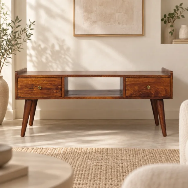 Forma Elevated Media Unit — Chestnut — styled interior