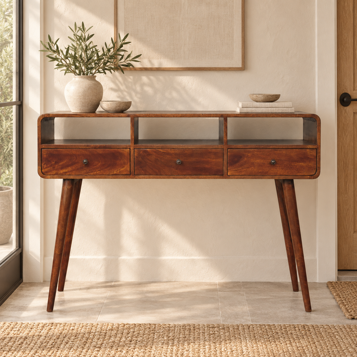 Lina Triple Curved Console Table — Chestnut — styled interior
