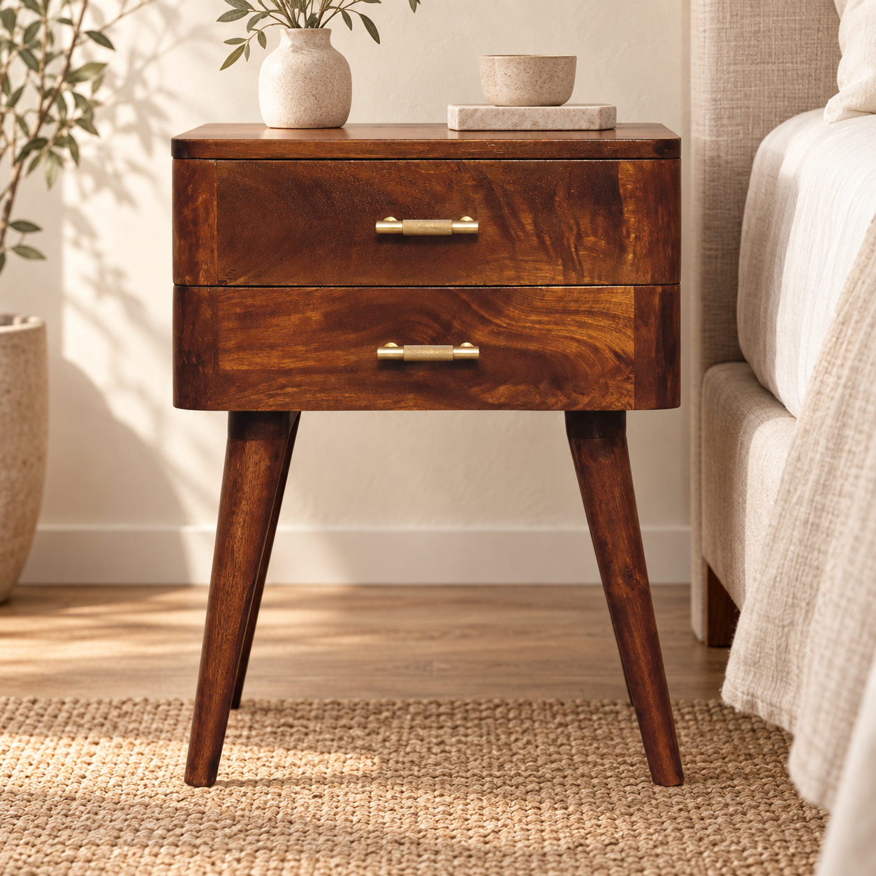 Nord T-Bar Bedside — Chestnut — styled interior