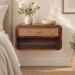 Forma Wall-Mounted Open Woven Bedside — Chestnut — styled interior