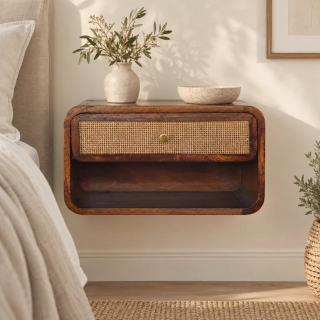 Forma Wall-Mounted Open Woven Bedside — Chestnut — styled interior