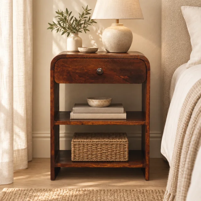 Aspen Open-Shelf Bedside — styled interior