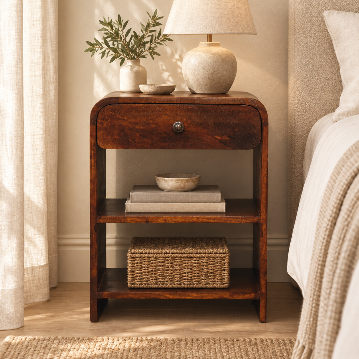 Aspen Open-Shelf Bedside — styled interior