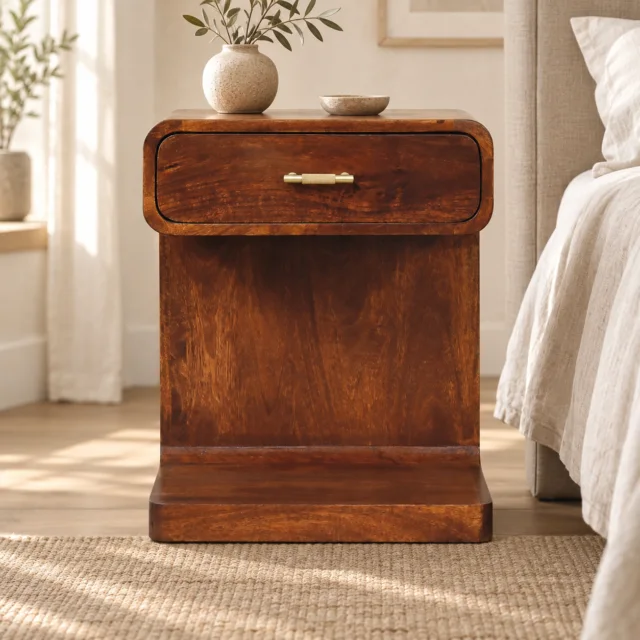 Lina T-Bar Rounded Bedside — Chestnut — styled interior