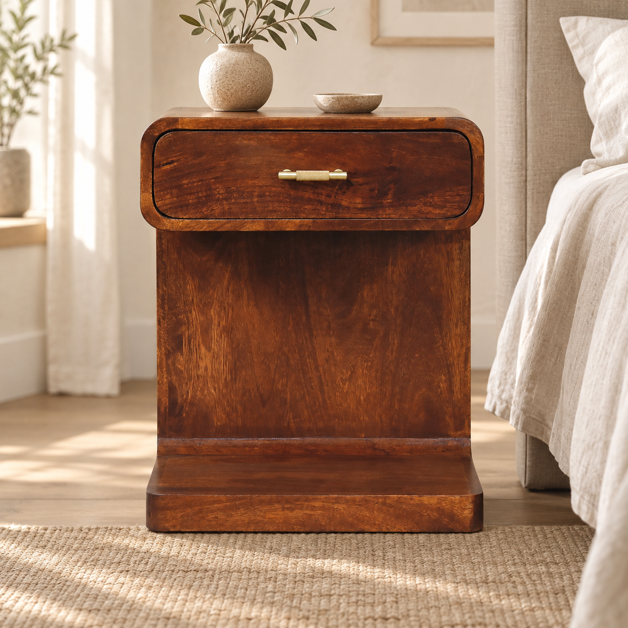 Lina T-Bar Rounded Bedside — Chestnut — styled interior