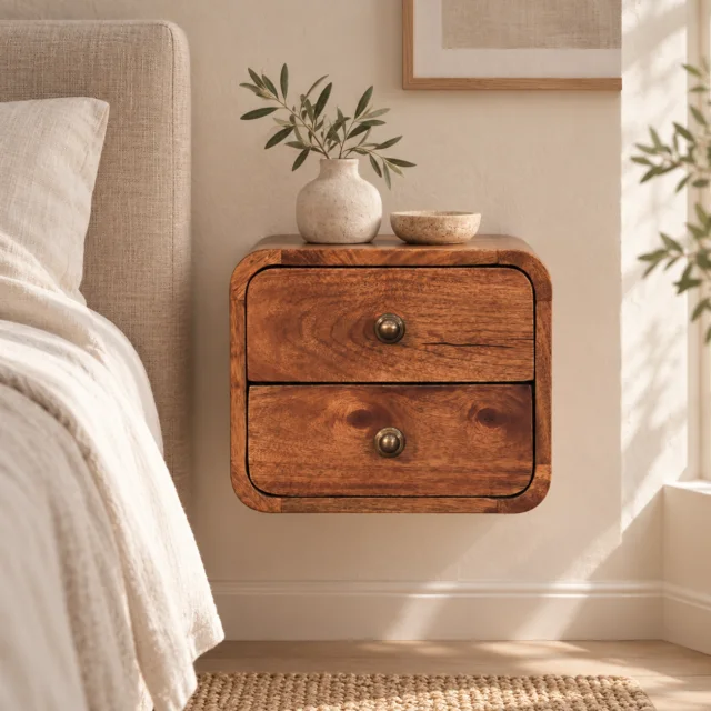 Lina Petite Curved Wall-Mounted Bedside — Honey Caramel — styled interior