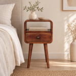 Lina Petite Curved Bedside with Open Slot — Honey Caramel — styled interior