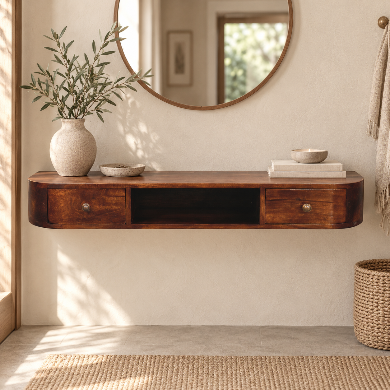 Lunar Two-Drawer Wall-Mounted Console — Chestnut · 110 × 15 cm in a styled interior
