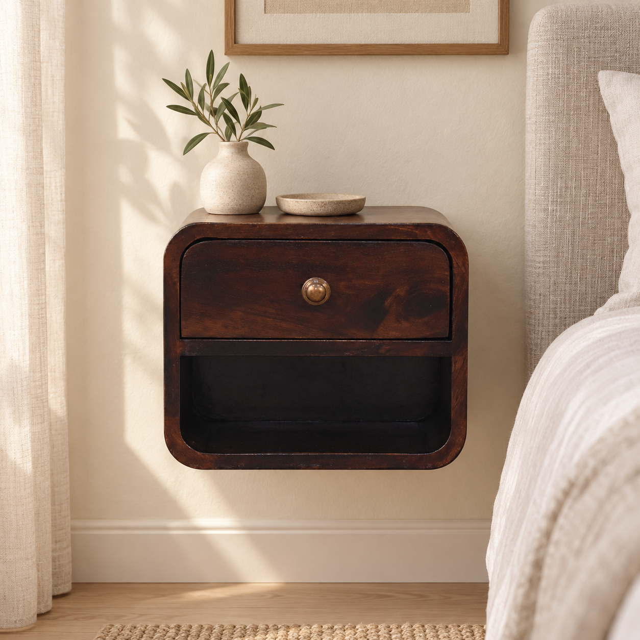 Walden Petite Curved Walnut Wall-Mounted Bedside with Open Slot — California Walnut — styled interior