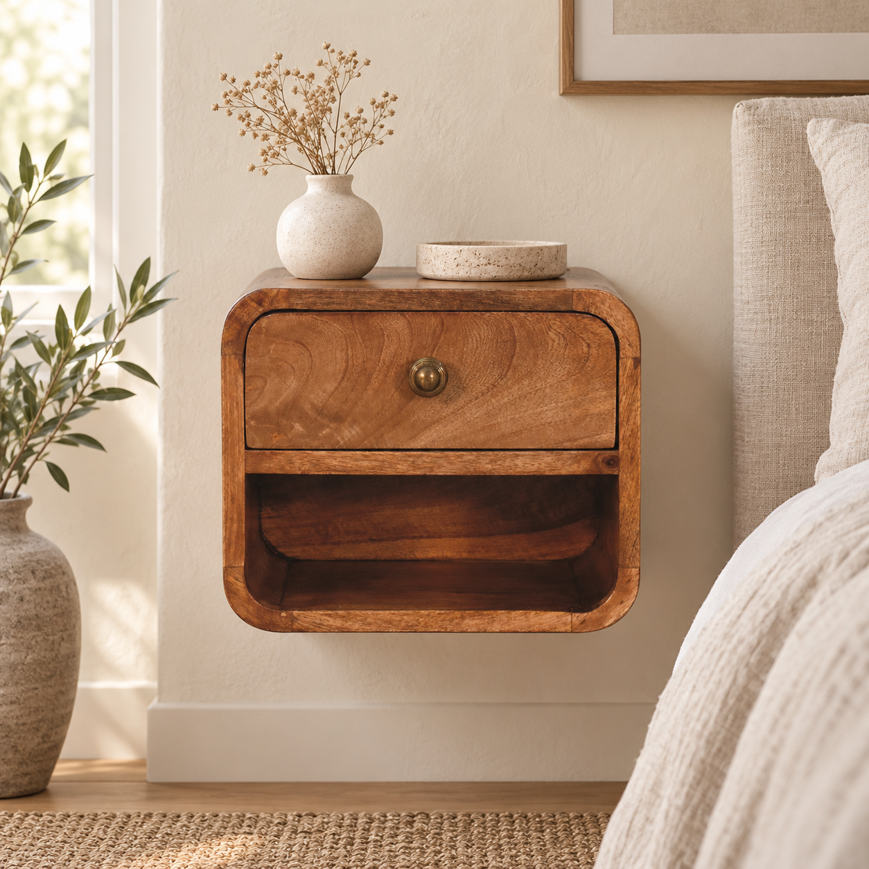 Forma Petite Wall-Mounted Bedside with Open Slot — Honey Caramel — styled interior