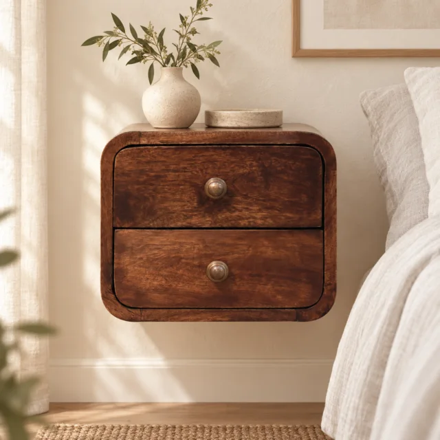 Walden Petite Curved Walnut Wall-Mounted Bedside — California Walnut — styled interior