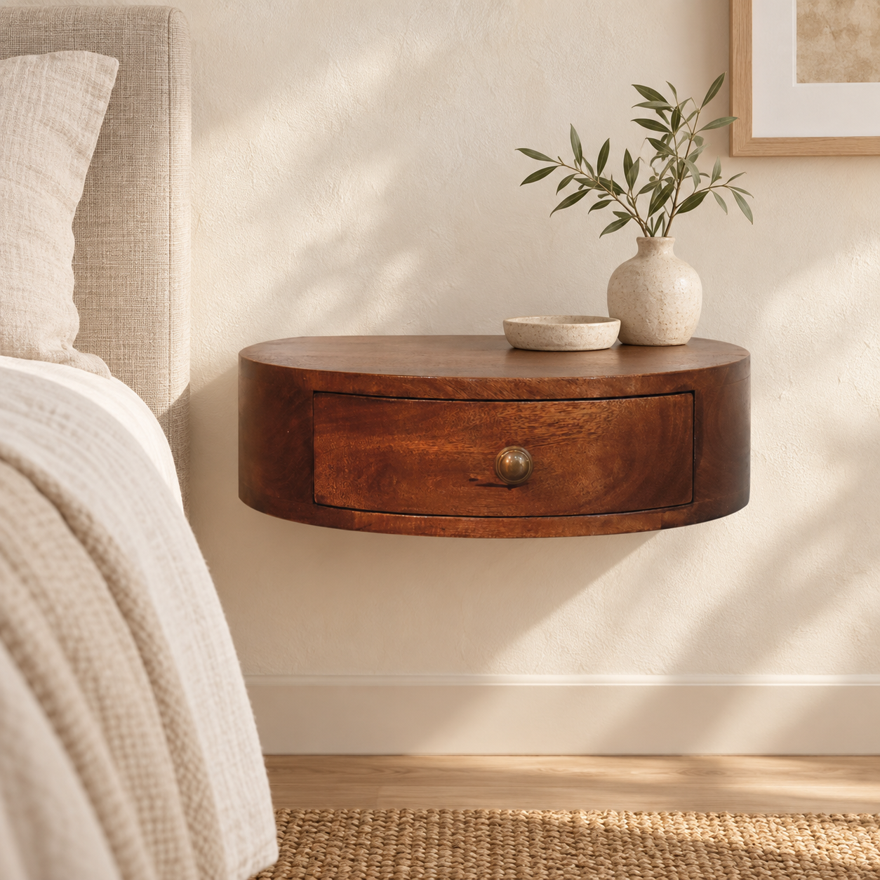 Lina Wall-Mounted Rounded Bedside — Honey Caramel — styled interior