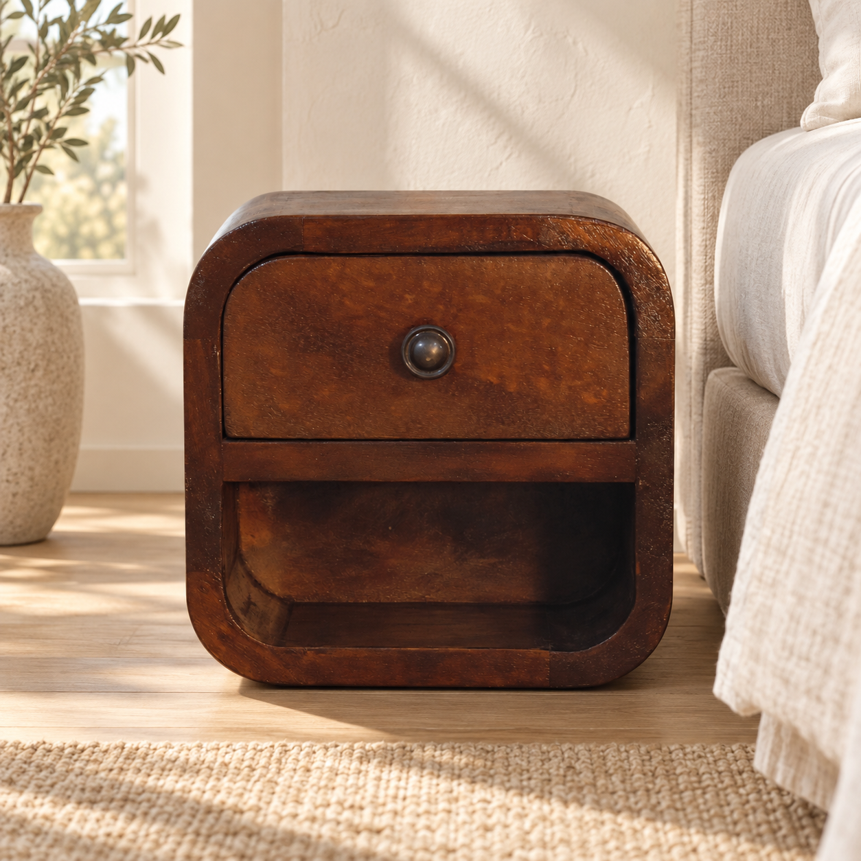 Lina Petite Curved Bedside with Open Slot — Chestnut — styled interior