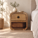 Lina Petite Curved Bedside with Open Slot — Natural — styled interior