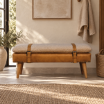 Forma Bouclé Buffalo Hide Tan Leather Bench — Natural — styled interior