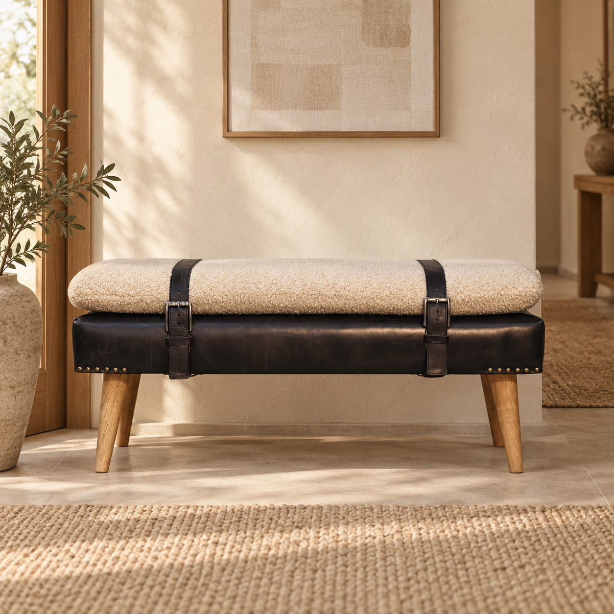 Forma Bouclé Buffalo Hide Black Leather Bench — Natural — styled interior