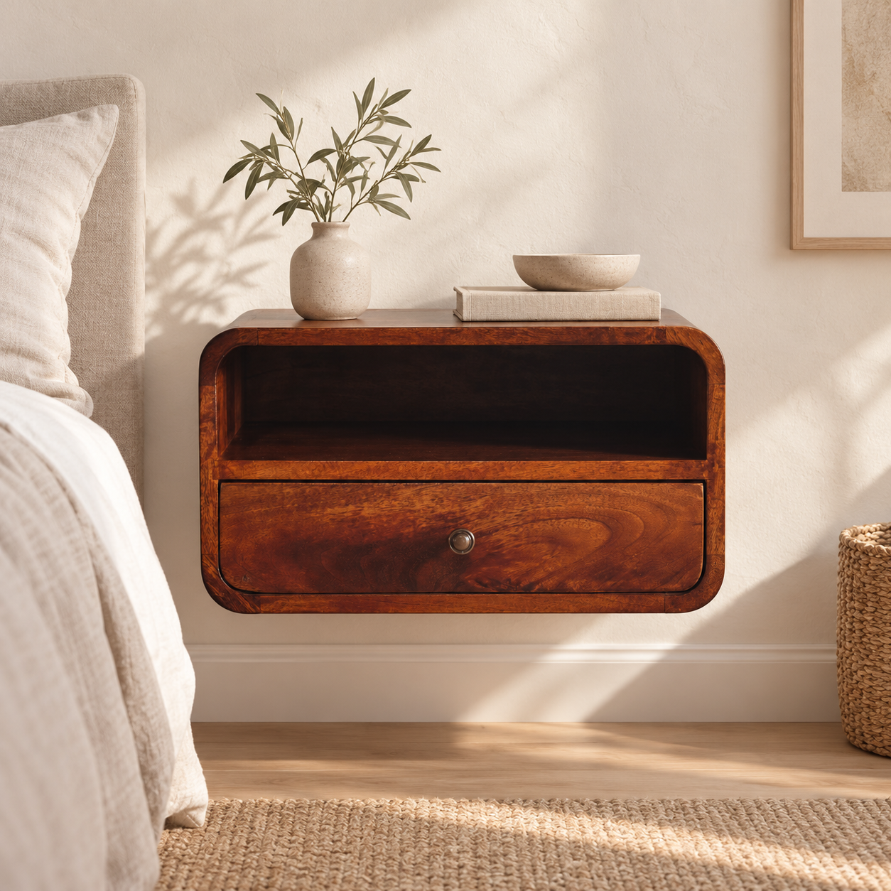 Lina Large Curve Upper Slot Floating Bedside — Chestnut — styled interior