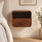 Lina Petite Wall-Mounted Curved Bedside with Open Slot — Chestnut — styled interior