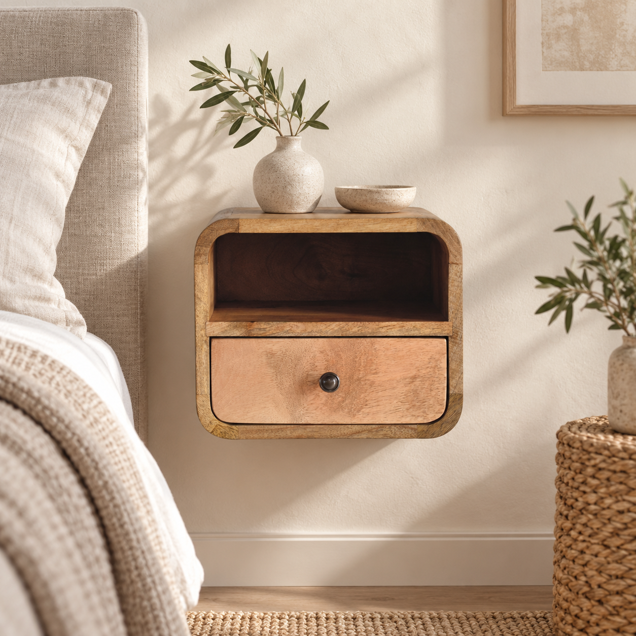 Lina Petite Wall-Mounted Curved Bedside with Open Slot — Natural — styled interior