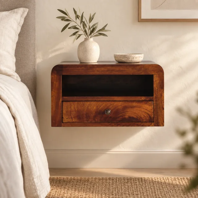 Forma Chunky One-Drawer Wall-Mounted Bedside — Chestnut — styled interior