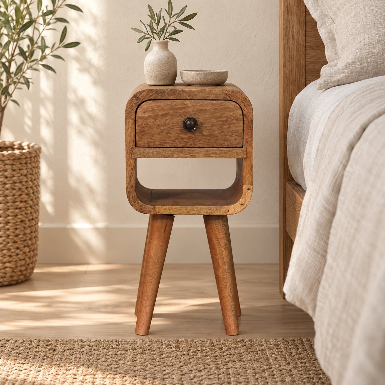 Lina Petite Curve Lower Bedside — Natural · 20 × 40 cm — styled interior
