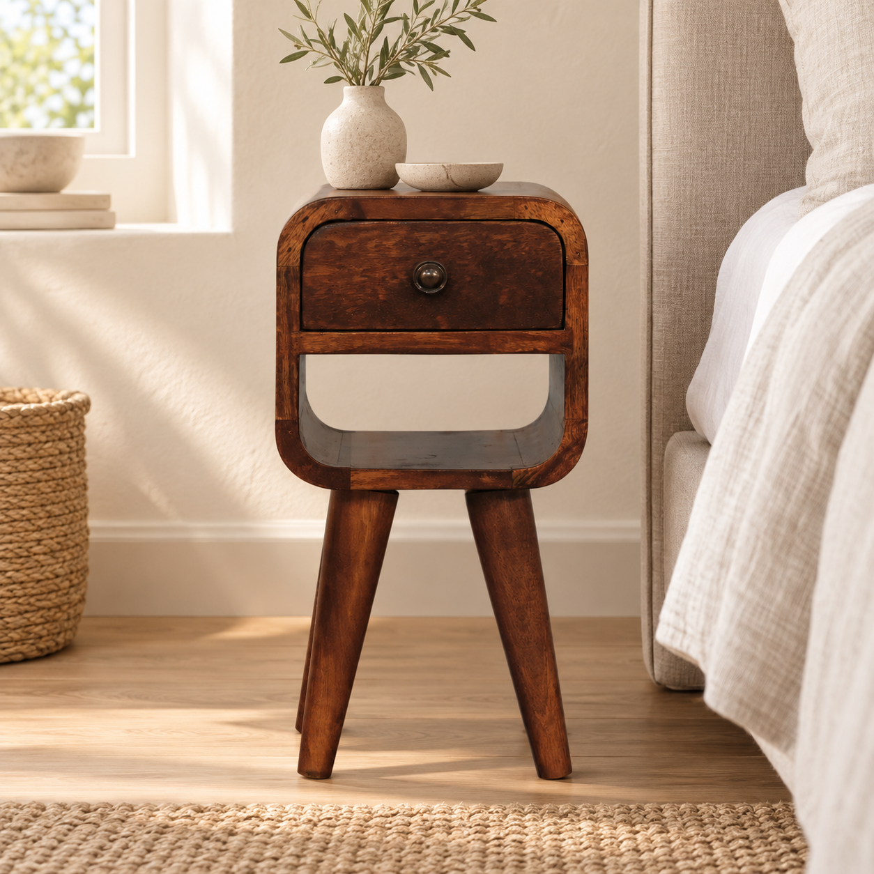 Lina Petite Curve Lower Bedside — Chestnut — styled interior
