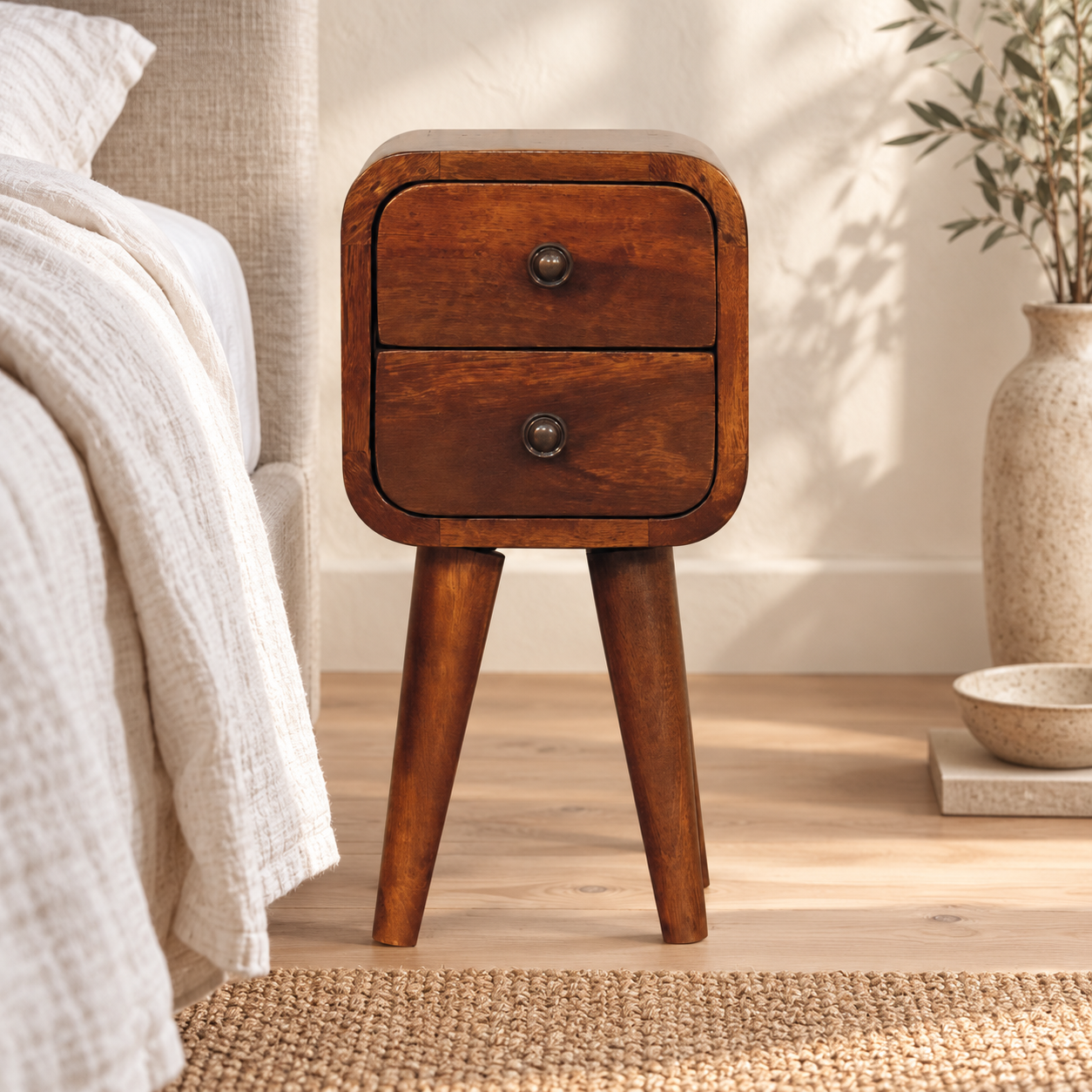 Lina Petite Curved Bedside — Chestnut · 20 × 40 cm — styled interior