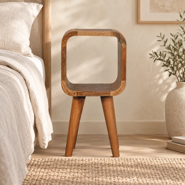 Lina Petite Minimalist Open Curved Bedside — Natural — styled interior