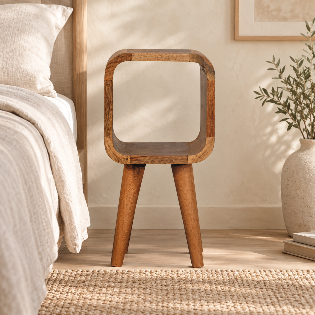 Lina Petite Minimalist Open Curved Bedside — Natural — styled interior