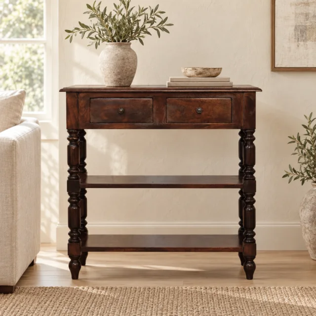 Forma Turned Legs Side Table — Cherry — styled interior