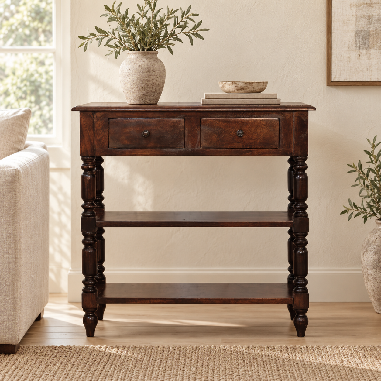 Forma Turned Legs Side Table — Cherry — styled interior