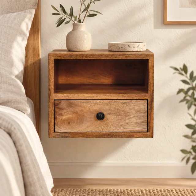 Solis One-Drawer Wall-Mounted Bedside — Natural — styled interior