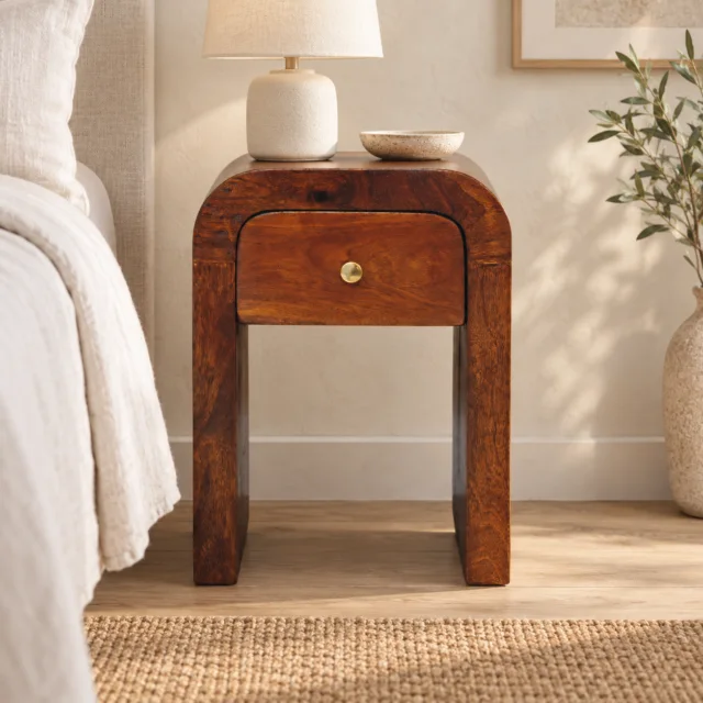 Darcy Petite Bedside with Curved Edges — Chestnut — styled interior