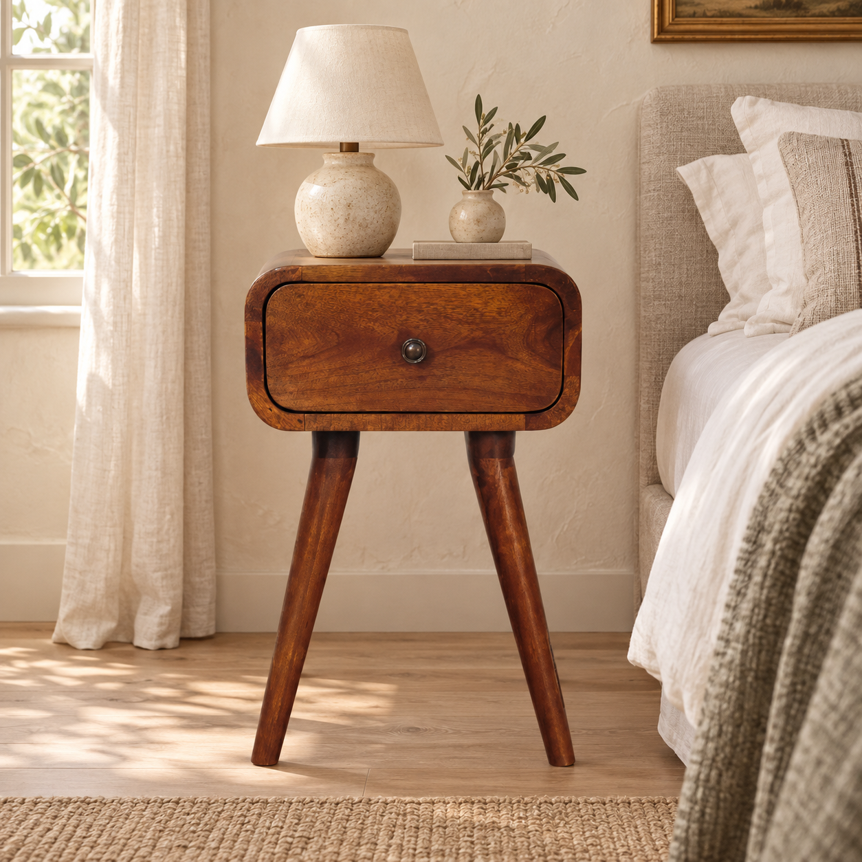 Avora Petite Bedside — Chestnut — styled interior