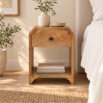 Norr Petite Bedside with Drawer and Open Shelf — Natural — styled interior