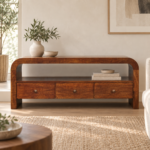 Darcy Three-Drawer Open Shelf Media unit — Chestnut — styled interior