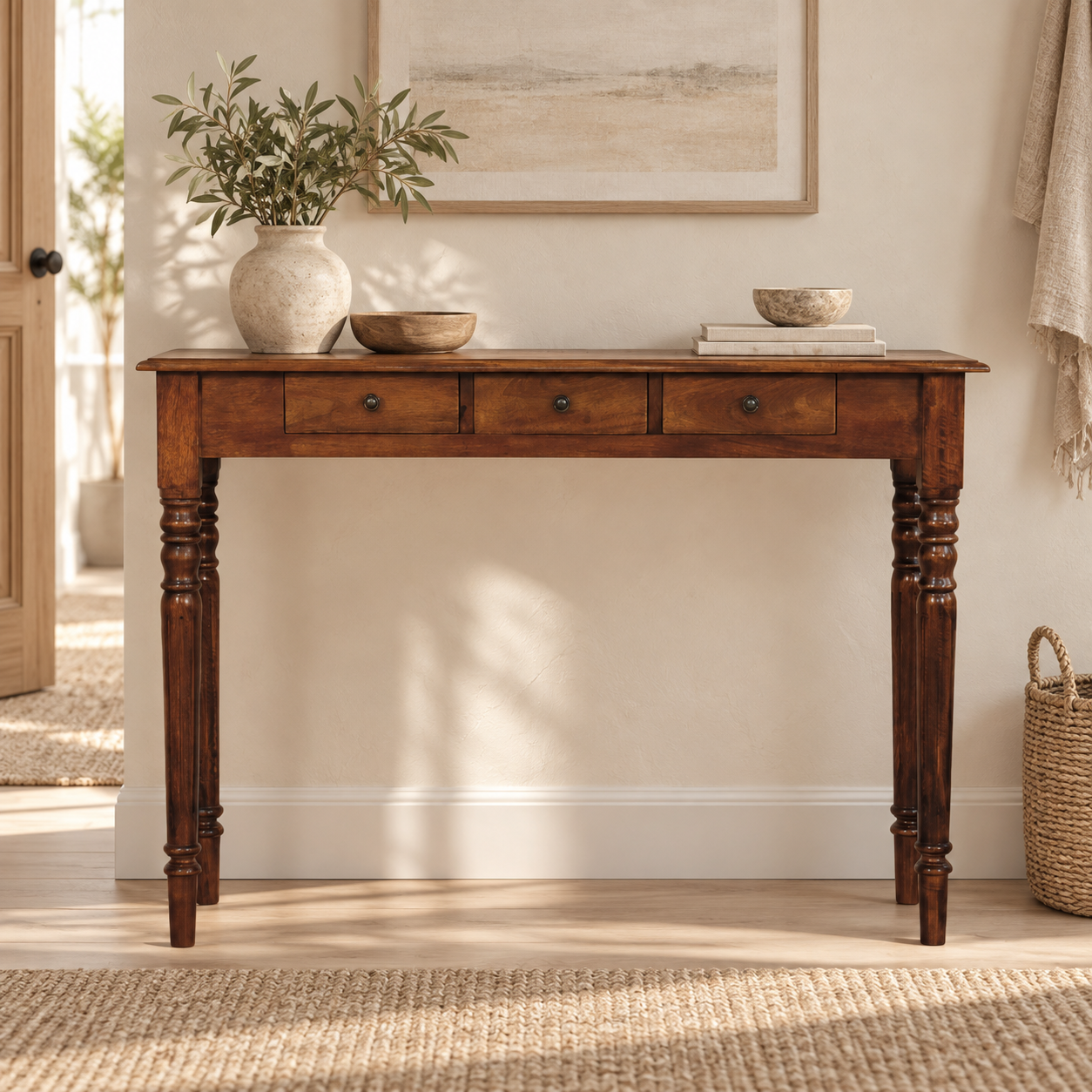 Forma Turned Legs Three-Drawer Console — Chestnut — styled interior