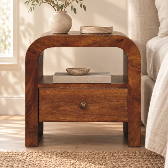 Darcy Bedside with Drawer and Open Shelf — Chestnut — styled interior