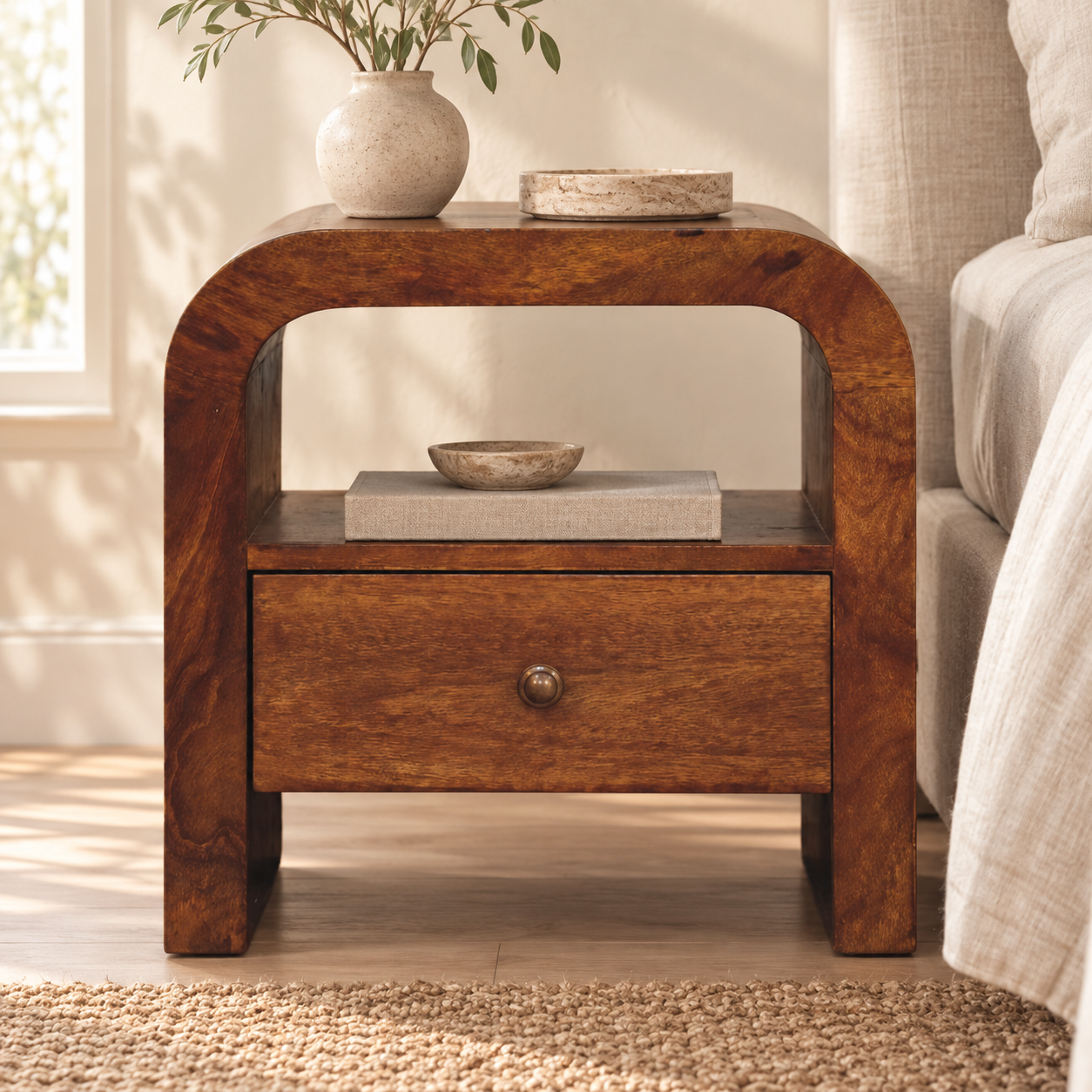 Darcy Bedside with Drawer and Open Shelf — Chestnut — styled interior